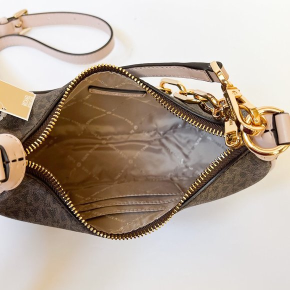 Michael Kors Cora Medium Zip Shoulder Crossbody Bag MK Brown Pink - Picture 11 of 14